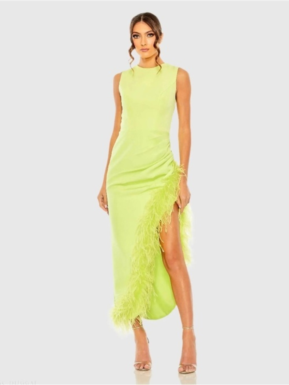 IEENA MAC DUGGAL Lime Green Ruched High-Low Sheath Dress with Feather Trim Sz: 6